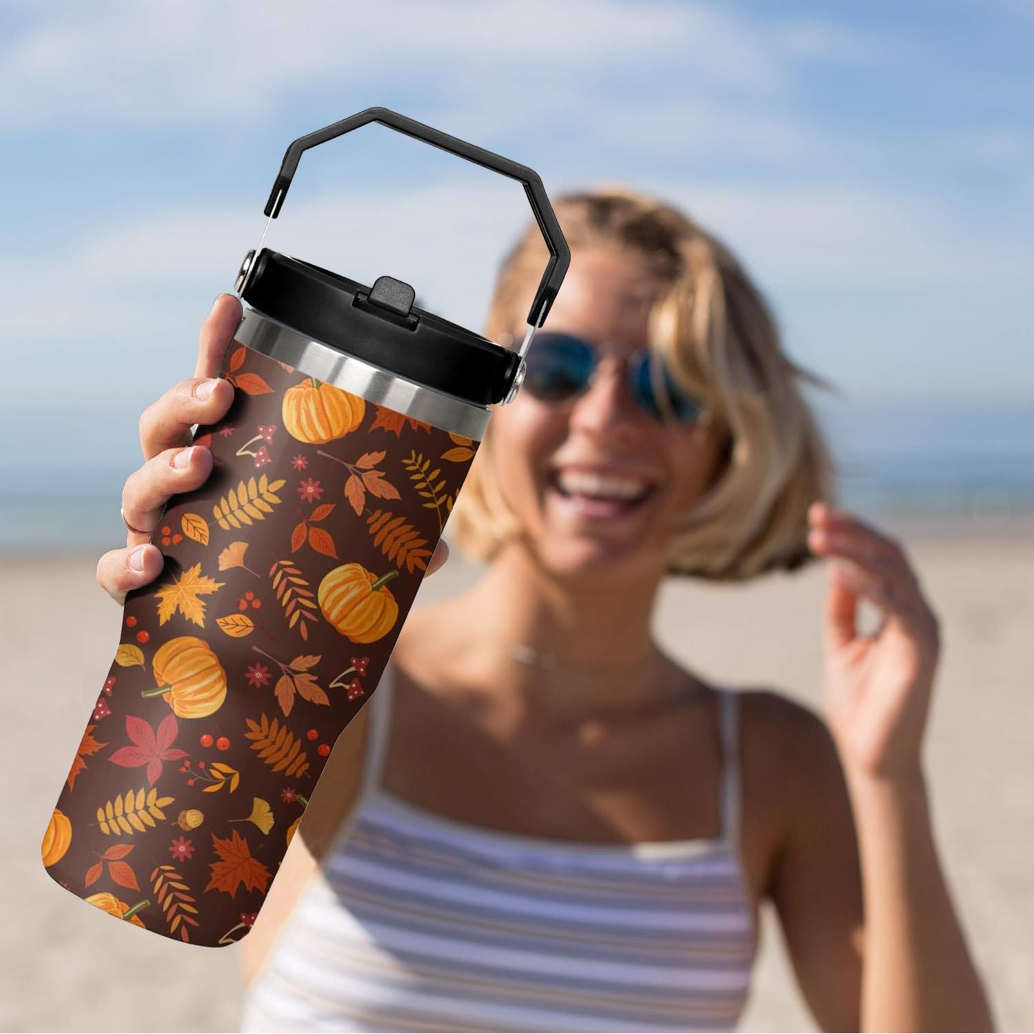 qwpmvhsak 30 oz Fall Pumpkin Flip Tumbler Insulated Stainless Tumbler, Fall Travel Coffee Cup Water Botter, Autumn Fall Gift for Thanksgiving Christmas