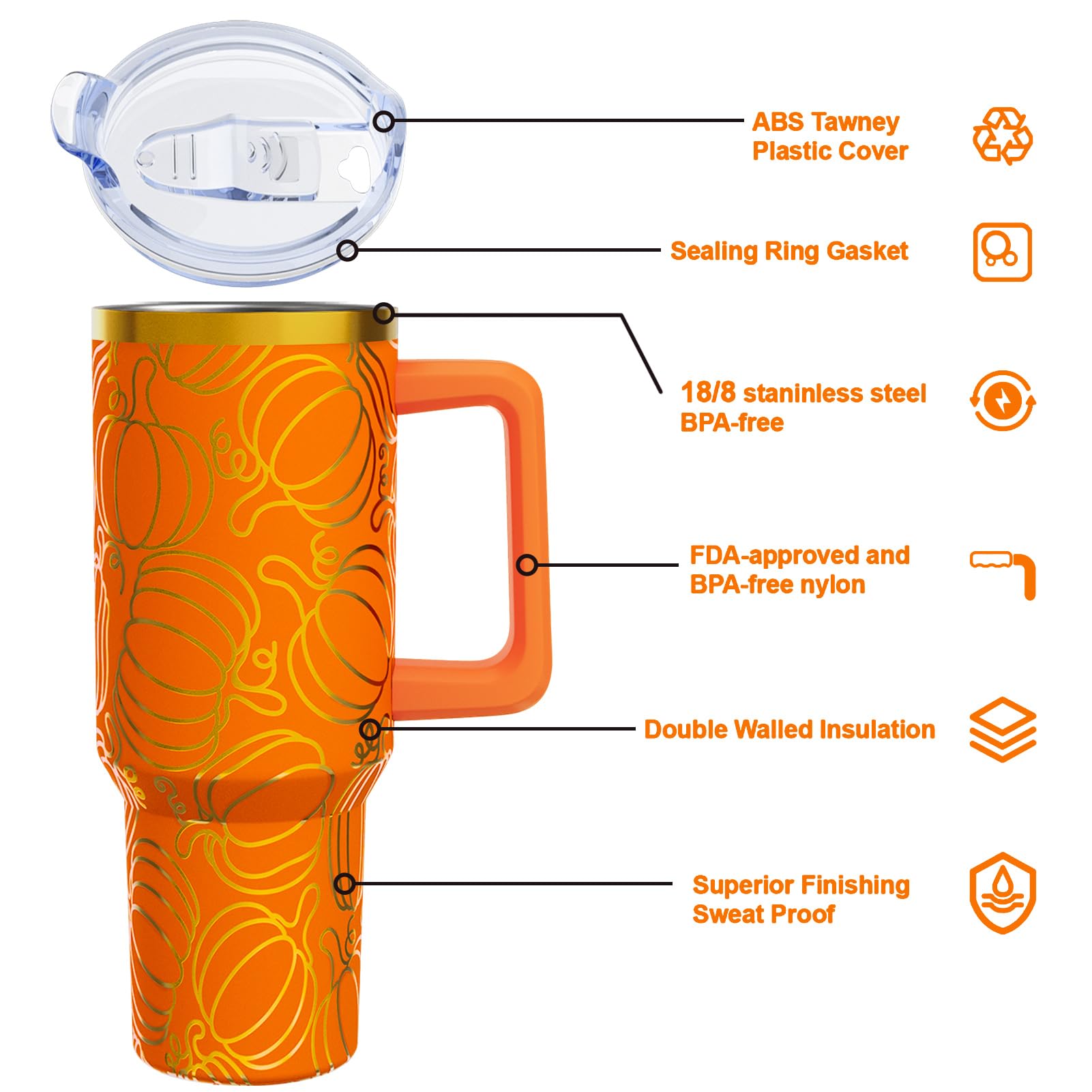 Xspatroias Fall 40 oz Tumbler with Lid Handle and Straw Thanksgiving Pumpkin Stainless Steel Double Walled Insulated Cup Autumn Travel Mug Water Bottle Gifts for Men and Women (1PC)