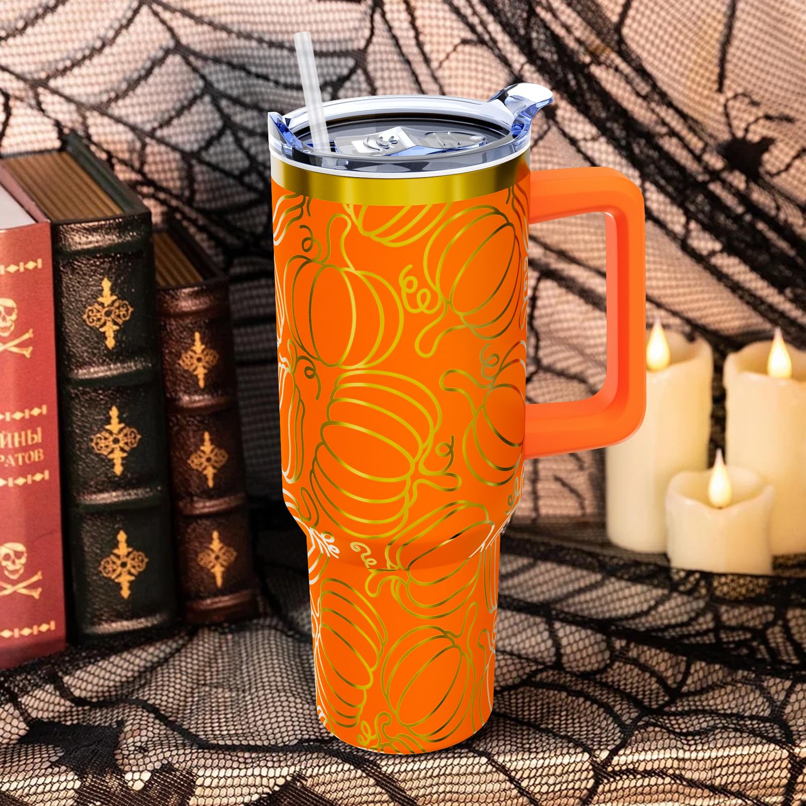 Xspatroias Fall 40 oz Tumbler with Lid Handle and Straw Thanksgiving Pumpkin Stainless Steel Double Walled Insulated Cup Autumn Travel Mug Water Bottle Gifts for Men and Women (1PC)