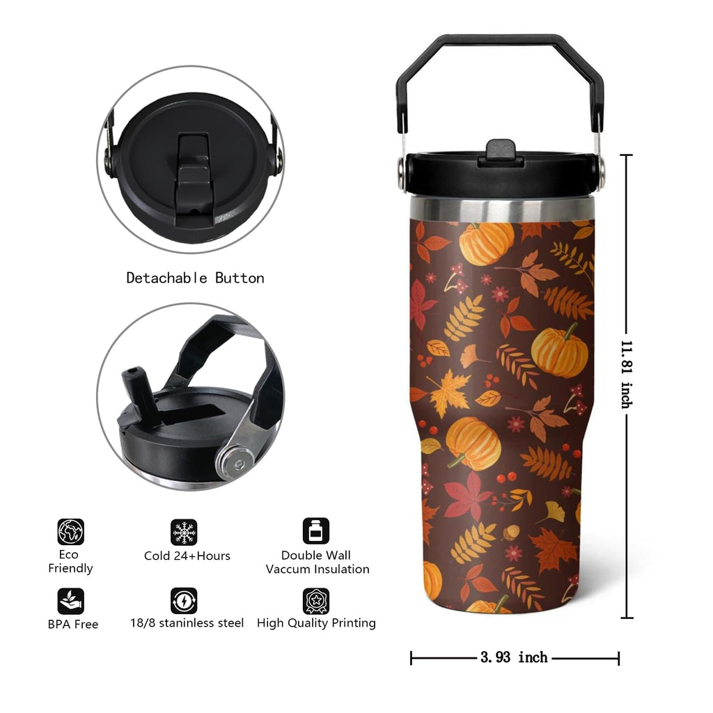 qwpmvhsak 30 oz Fall Pumpkin Flip Tumbler Insulated Stainless Tumbler, Fall Travel Coffee Cup Water Botter, Autumn Fall Gift for Thanksgiving Christmas