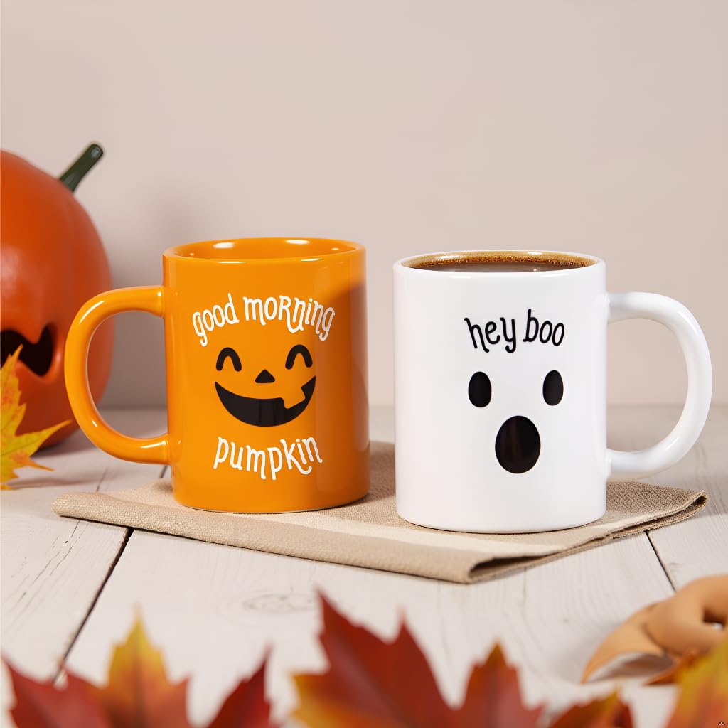 Pearhead Halloween Coffee Mug Set of 2 Fall Pumpkin Ghost Ceramic Cups 13oz Microwave Dishwasher Safe Autumn Gift