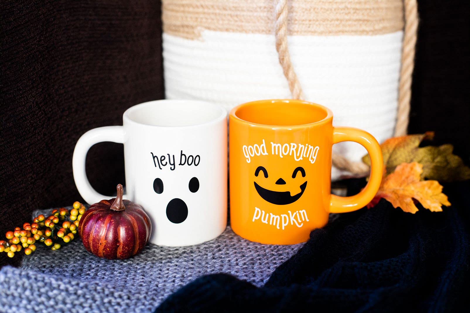 Pearhead Halloween Coffee Mug Set of 2 Fall Pumpkin Ghost Ceramic Cups 13oz Microwave Dishwasher Safe Autumn Gift