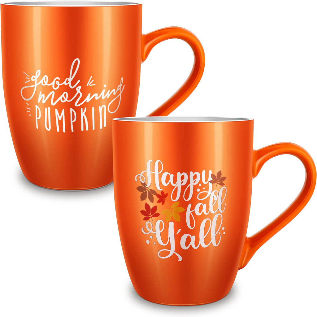 Funtery 2 Pcs Thanksgiving Coffee Mugs Fall Mugs Autumn Pumpkins Cups Happy Fall Y'all Coffee Mug Good Morning Pumpkin Cup Camp Mug Campfire Mug Ceramic Cup for Home Women Men Mom Dad (Orange)