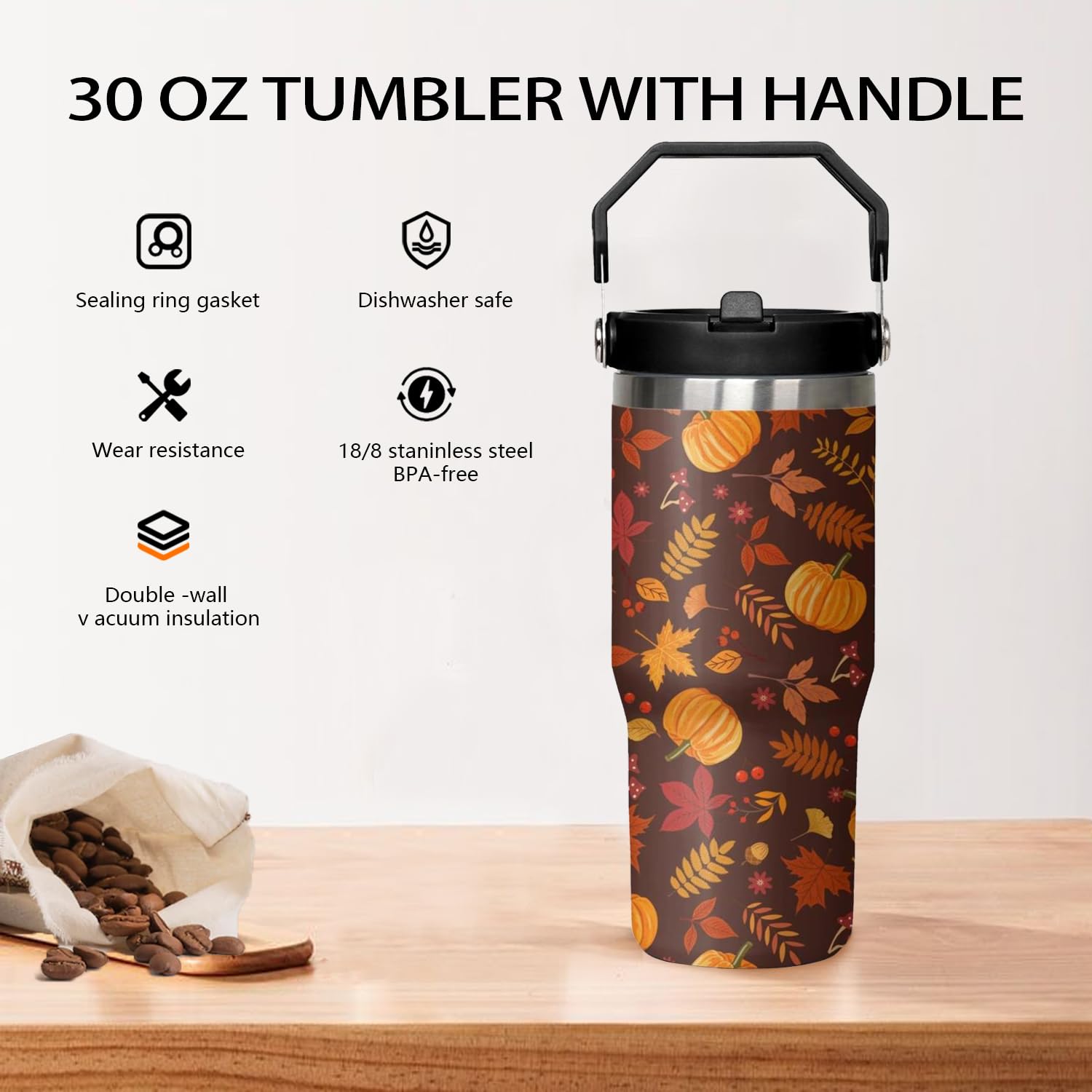 qwpmvhsak 30 oz Fall Pumpkin Flip Tumbler Insulated Stainless Tumbler, Fall Travel Coffee Cup Water Botter, Autumn Fall Gift for Thanksgiving Christmas