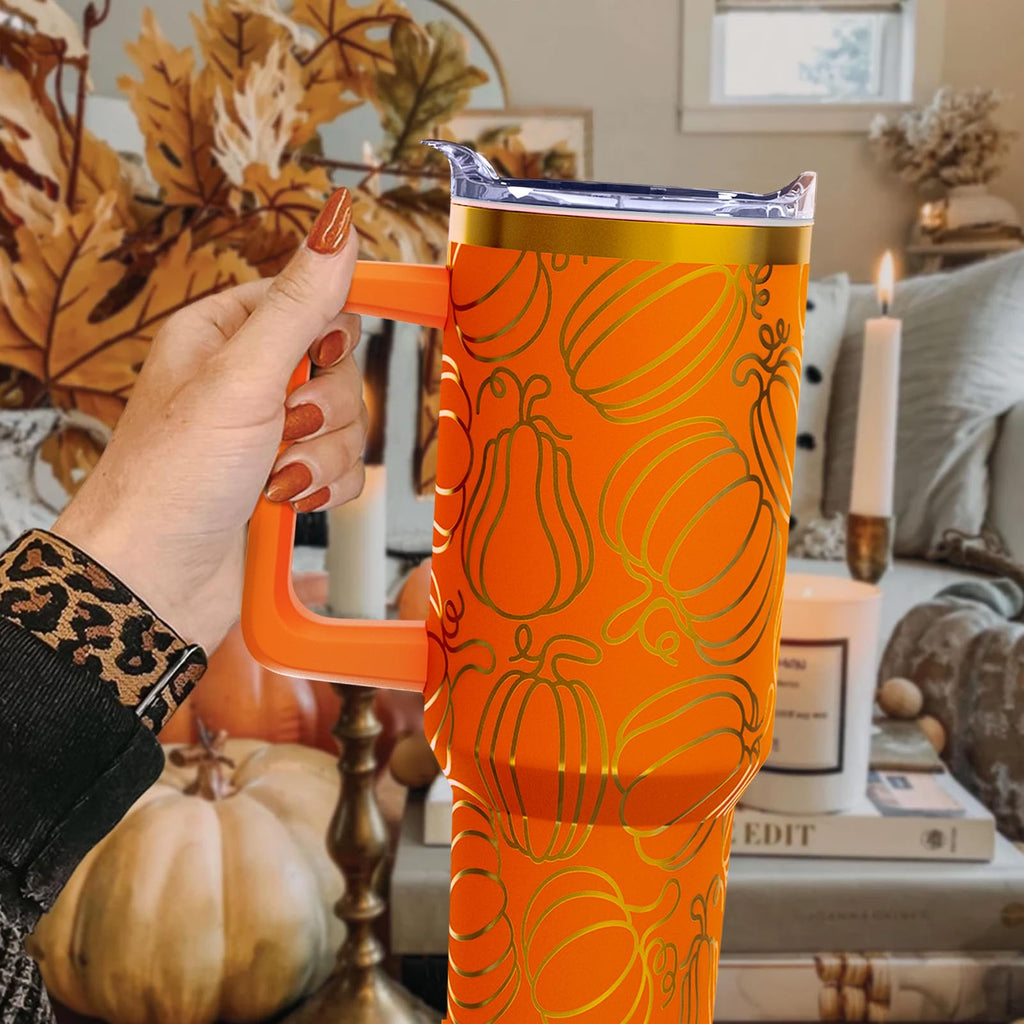 Xspatroias Fall 40 oz Tumbler with Lid Handle and Straw Thanksgiving Pumpkin Stainless Steel Double Walled Insulated Cup Autumn Travel Mug Water Bottle Gifts for Men and Women (1PC)