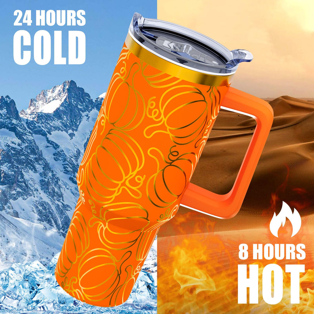 Xspatroias Fall 40 oz Tumbler with Lid Handle and Straw Thanksgiving Pumpkin Stainless Steel Double Walled Insulated Cup Autumn Travel Mug Water Bottle Gifts for Men and Women (1PC)