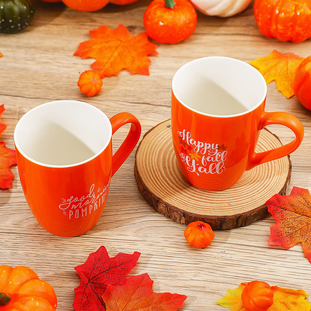 Funtery 2 Pcs Thanksgiving Coffee Mugs Fall Mugs Autumn Pumpkins Cups Happy Fall Y'all Coffee Mug Good Morning Pumpkin Cup Camp Mug Campfire Mug Ceramic Cup for Home Women Men Mom Dad (Orange)