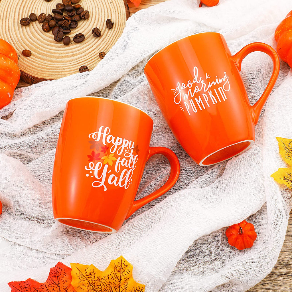 Funtery 2 Pcs Thanksgiving Coffee Mugs Fall Mugs Autumn Pumpkins Cups Happy Fall Y'all Coffee Mug Good Morning Pumpkin Cup Camp Mug Campfire Mug Ceramic Cup for Home Women Men Mom Dad (Orange)